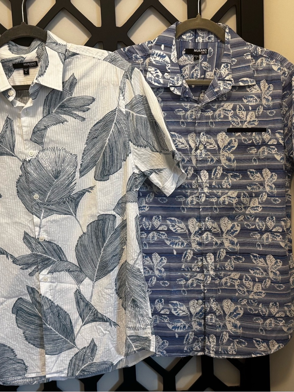 Murano Men’s Short-Sleeve Twin Pack: White & Blue Leaf Print Shirts